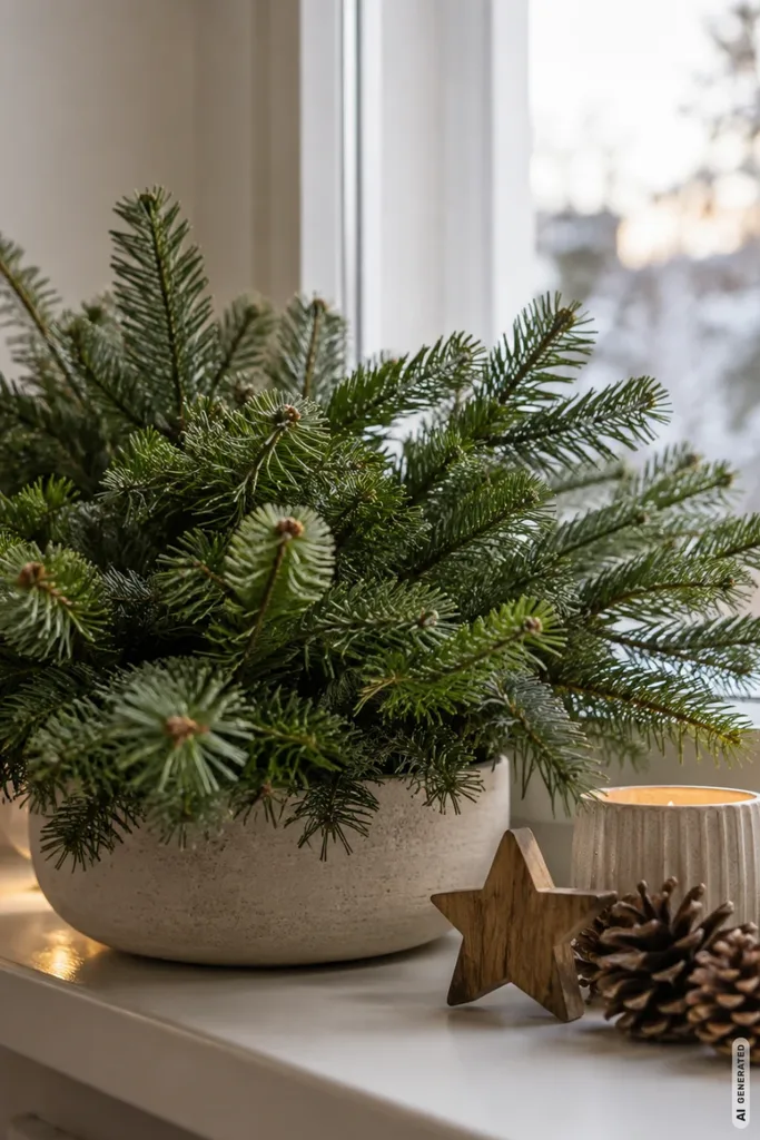 Weihnachtsdeko für die Fensterbank: 5 Ideen, die den Blick nach draußen nicht stören Natürliche Weihnachtsdeko auf der Fensterbank mit Tannengrün, Kerze, Holzstern und Zapfen im Tageslicht.