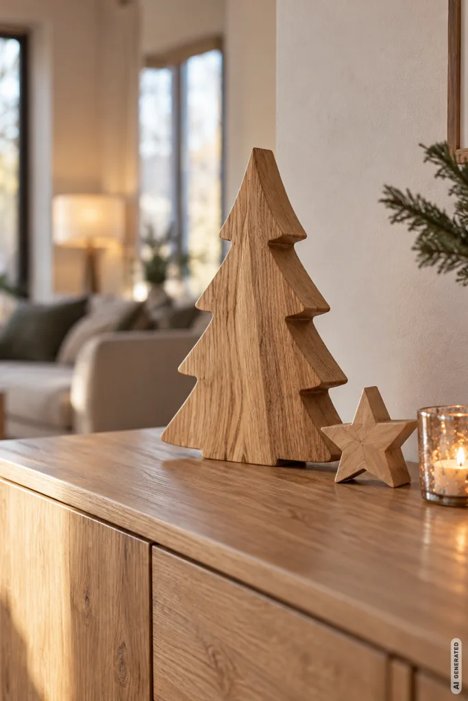 Weihnachtsdeko aus Holz mit Holzbaum, Stern und Windlicht auf dem Sideboard im Wohnzimmer.