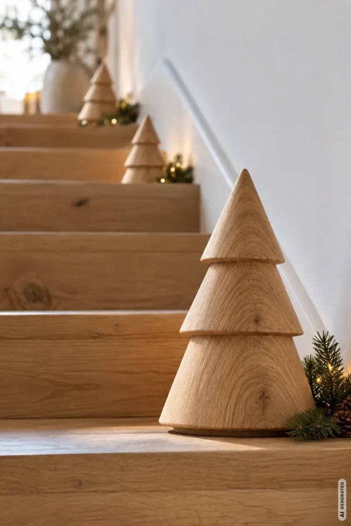 Moderne Weihnachtsdeko für Treppenstufen mit schlichten Weihnachtsbäumen aus hellem Holz.