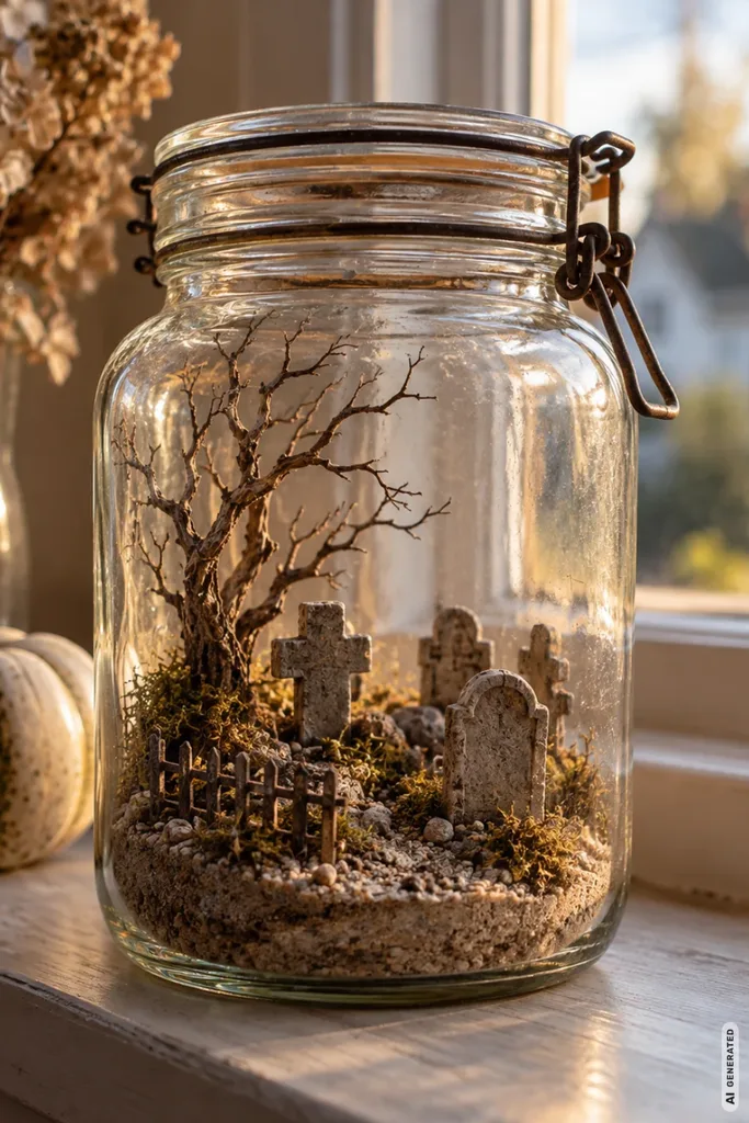 Großes Einmachglas mit Mini-Friedhof aus Grabsteinen, trockenem Moos, Kies und knorrigen Ästen auf einer Fensterbank.