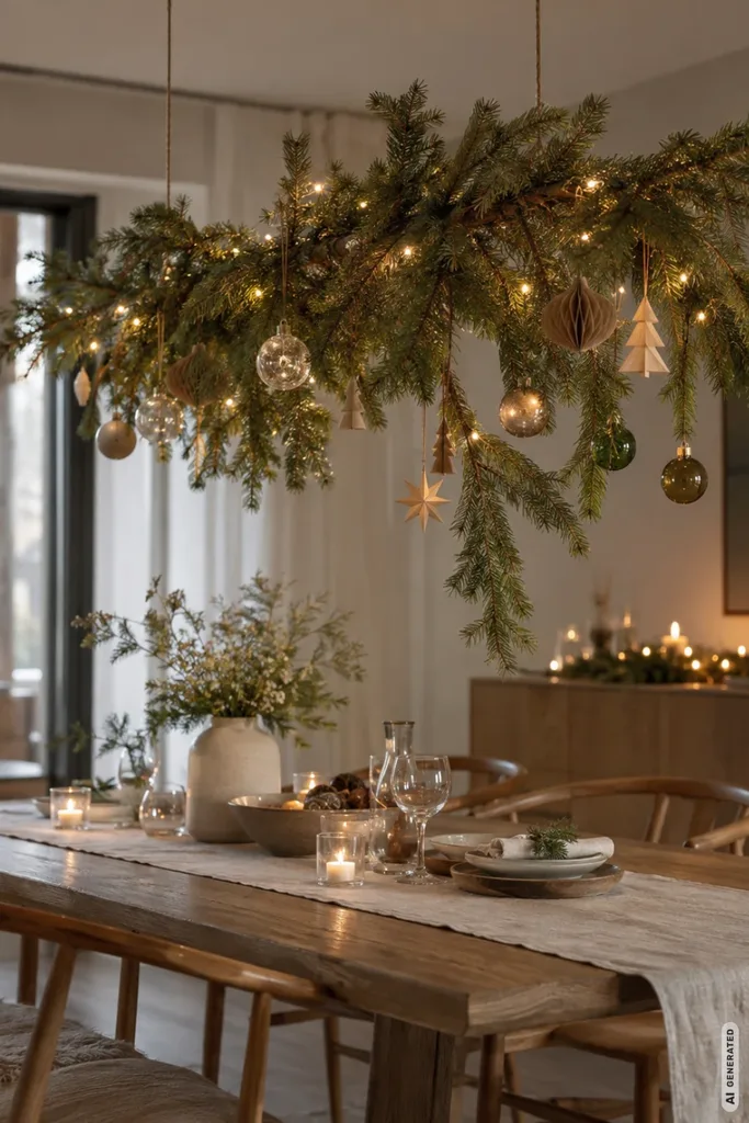 Weihnachten ohne Baum: 5 Ideen, damit dein Wohnzimmer nicht leer wirkt Hängender Tannenzweig mit Weihnachtskugeln, Holzanhängern und Lichterkette über einem gedeckten Esstisch.