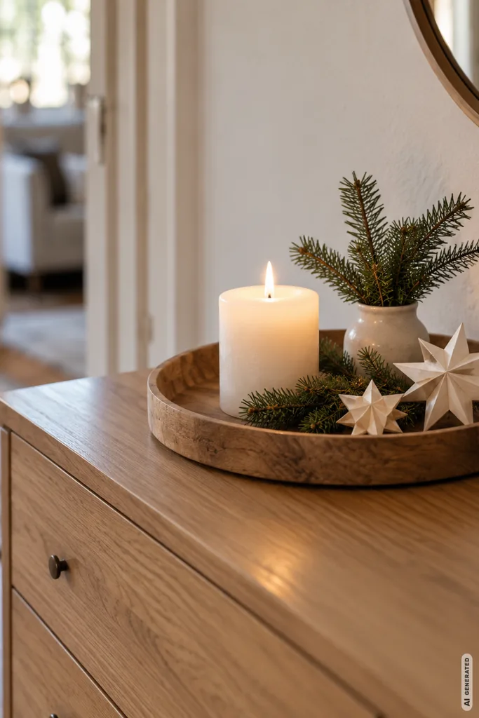 Weihnachtsdeko für die Kommode mit Holztablett, Kerze, Tannengrün und Papiersternen.