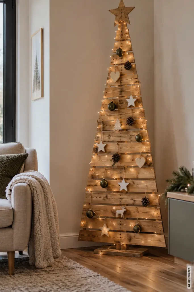 Weihnachtsdeko aus Holz mit schlankem Holz-Weihnachtsbaum im gemütlichen Wohnzimmer.