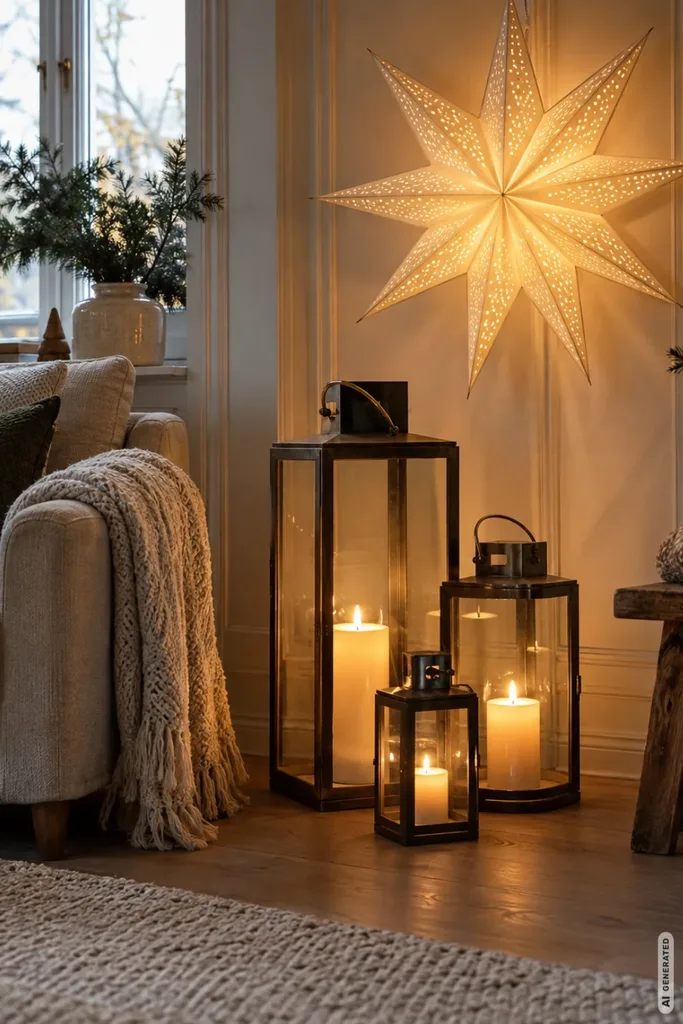 Weihnachten ohne Baum: 5 Ideen, damit dein Wohnzimmer nicht leer wirkt Gemütliche Lichterecke im Wohnzimmer mit drei Laternen, leuchtendem Papierstern und beigefarbenem Sofa.