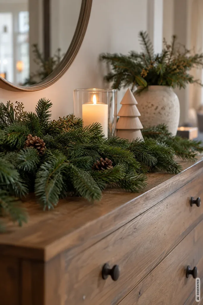 Weihnachtsdeko für die Kommode mit Tannengrün, Kerze und Holzbaum im natürlichen Wohnstil.