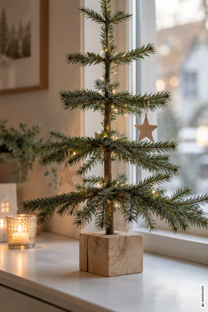 Weihnachtsdeko DIY mit kleinem Weihnachtsbaum aus Zweigen, Holzfuß und Lichterkette.