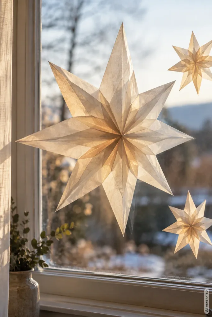 Drei transparente Papiersterne in unterschiedlichen Größen schmücken ein Fenster und leuchten im natürlichen Tageslicht.
