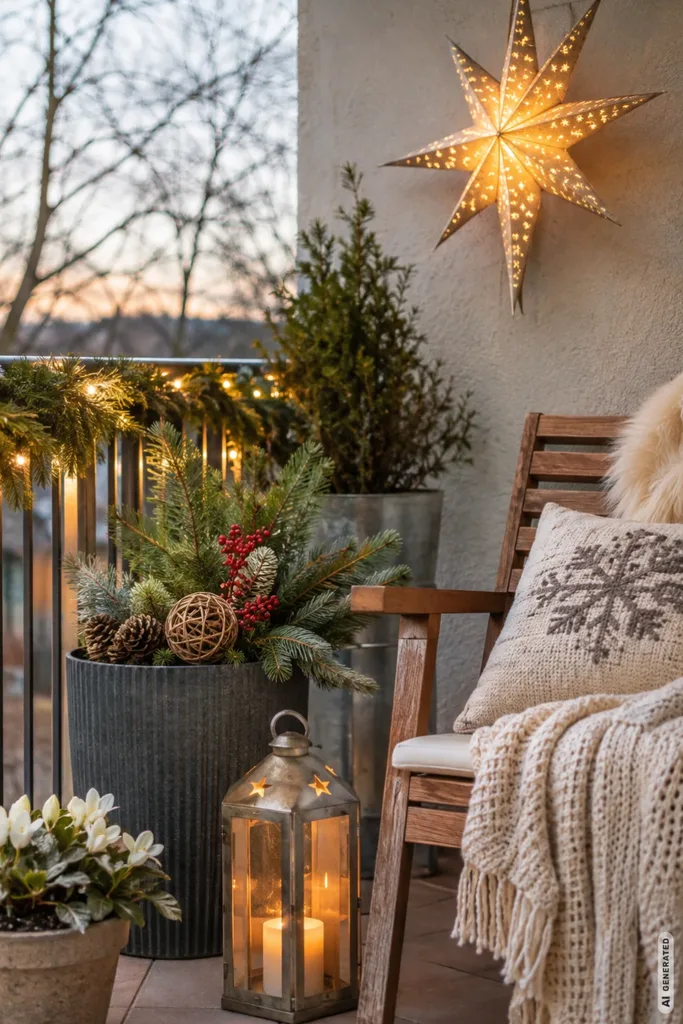 Weihnachtlich dekorierter Balkon mit leuchtendem Stern, Tannengrün, Lichterkette und Laterne.