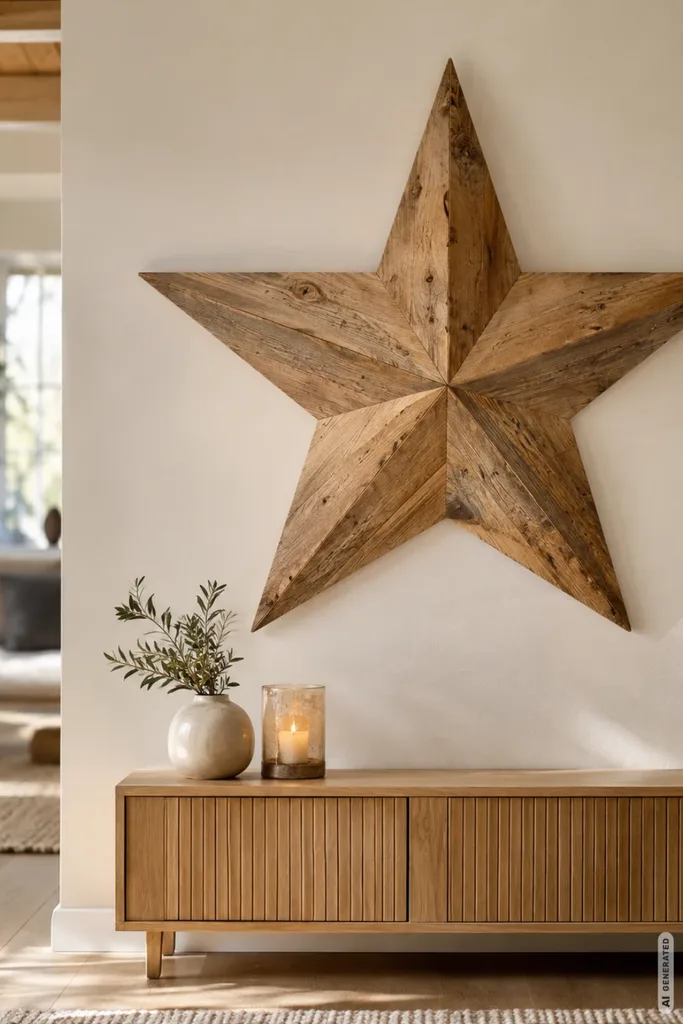 Weihnachtsdeko aus Holz im Wohnzimmer mit großem Holzstern über einem Sideboard.