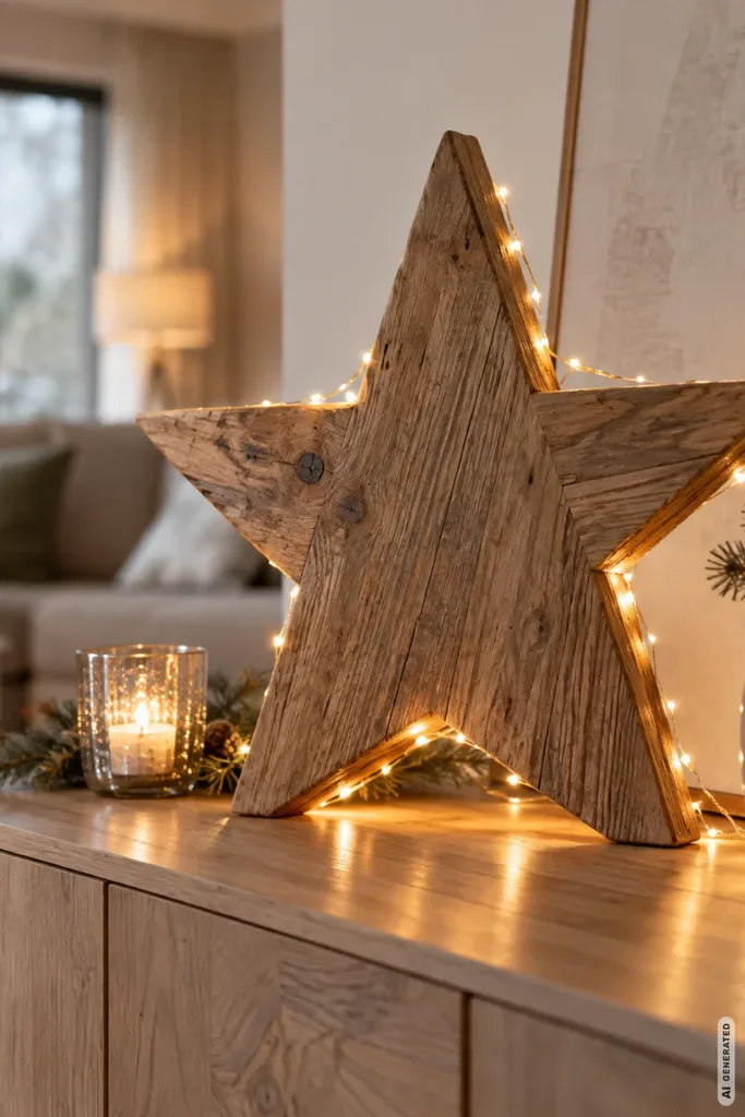 Weihnachtsdeko aus Holz im Wohnzimmer: großer Holzstern mit Lichterkette und Windlicht auf einem Sideboard.
