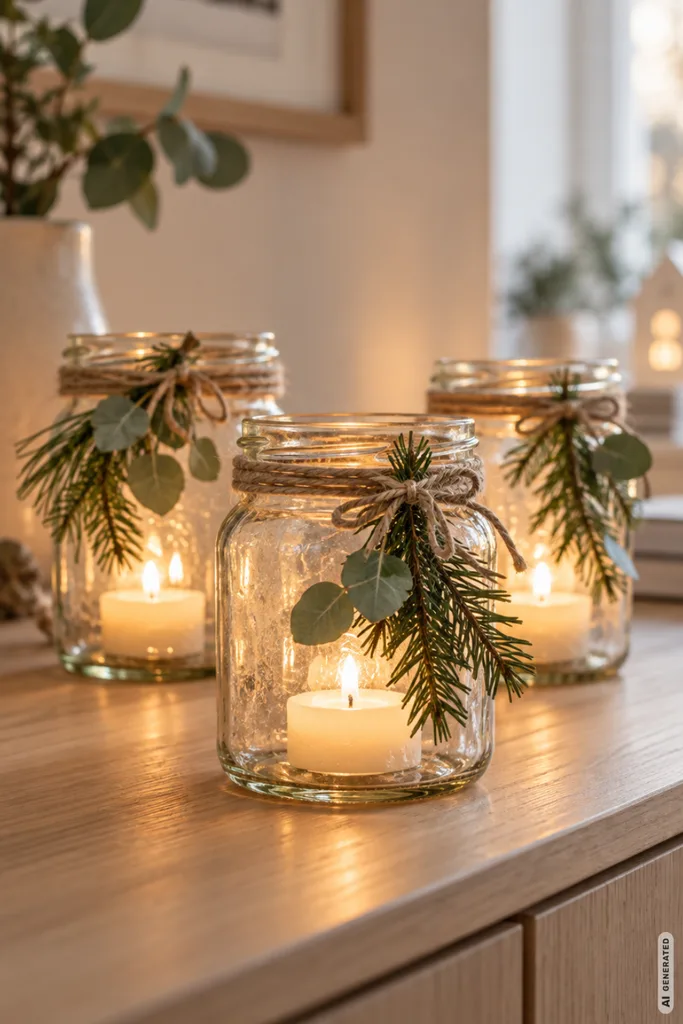 Weihnachtsdeko DIY mit Windlichtern aus Gläsern, Tannengrün, Juteschnur und Kerzenlicht.