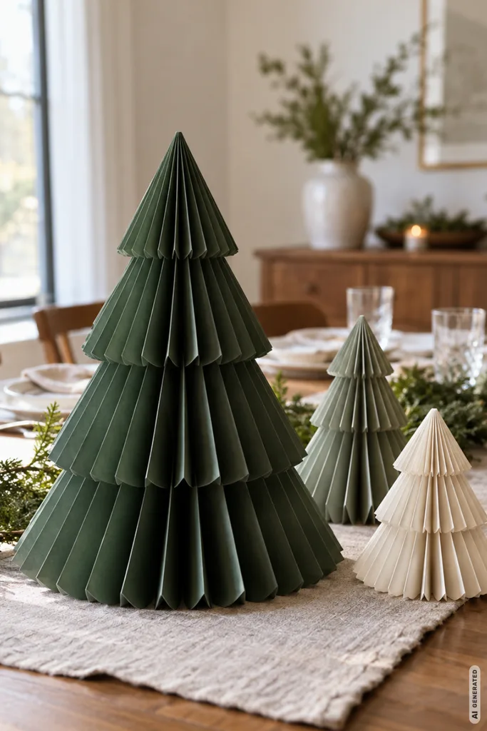 Drei gefaltete Tannenbäume aus grünem und cremefarbenem Papier stehen auf einem weihnachtlich dekorierten Esstisch.