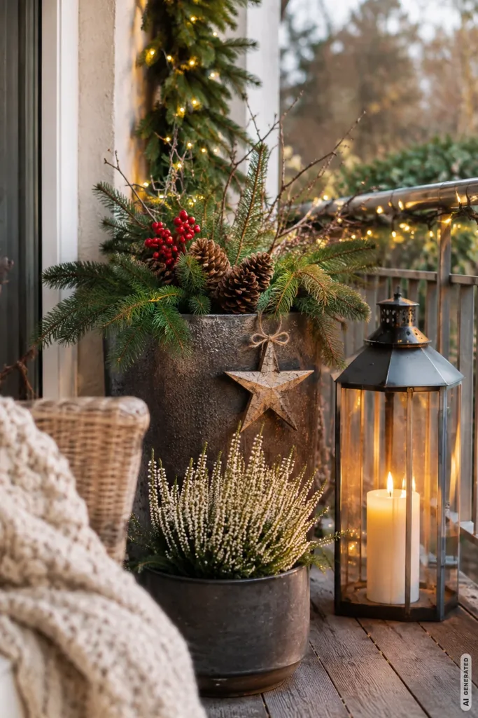 Weihnachtsdeko auf dem Balkon mit großem Pflanzkübel, Tannenzweigen, Winterheide und schwarzer Laterne.