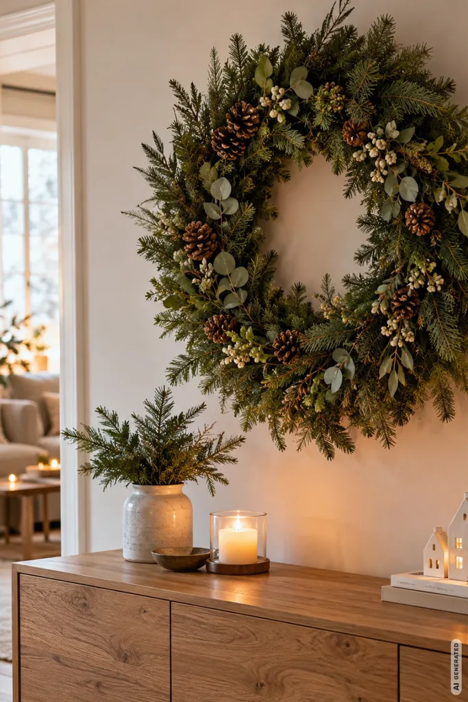 Weihnachtsdeko für die Kommode mit großem Tannenkranz, Kerzenlicht und natürlichem Grün an der Wand.