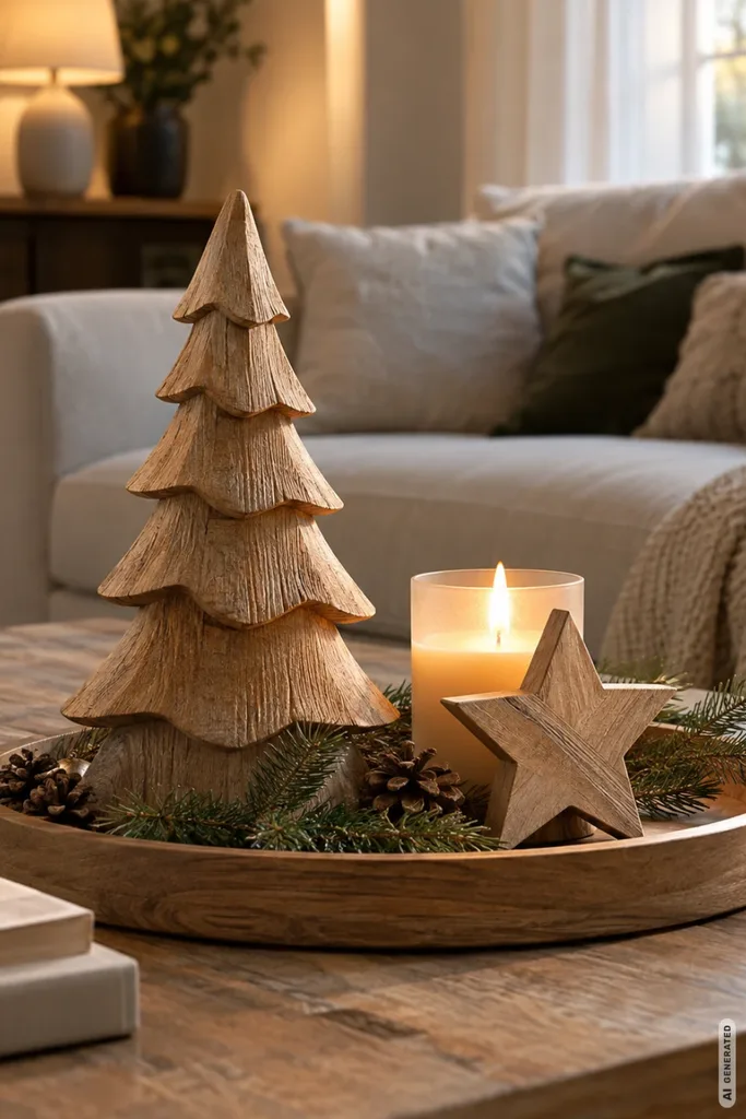 Weihnachtsdeko aus Holz im Wohnzimmer: Holzbaum, Stern und Kerze auf einem Tablett auf dem Couchtisch.