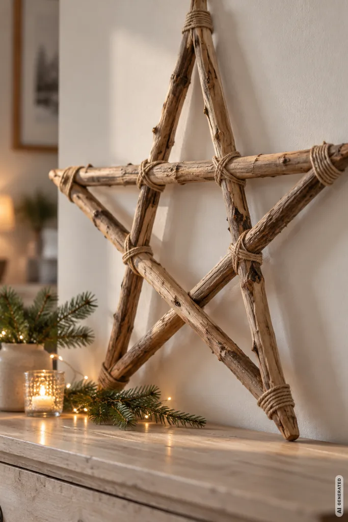 Weihnachtsdeko DIY mit großem Weihnachtsstern aus Holzstäben und natürlicher Juteschnur.