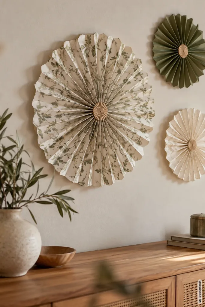 Drei gefaltete Papierrosetten in Creme und Olivgrün schmücken die Wand über einem Sideboard aus Holz.