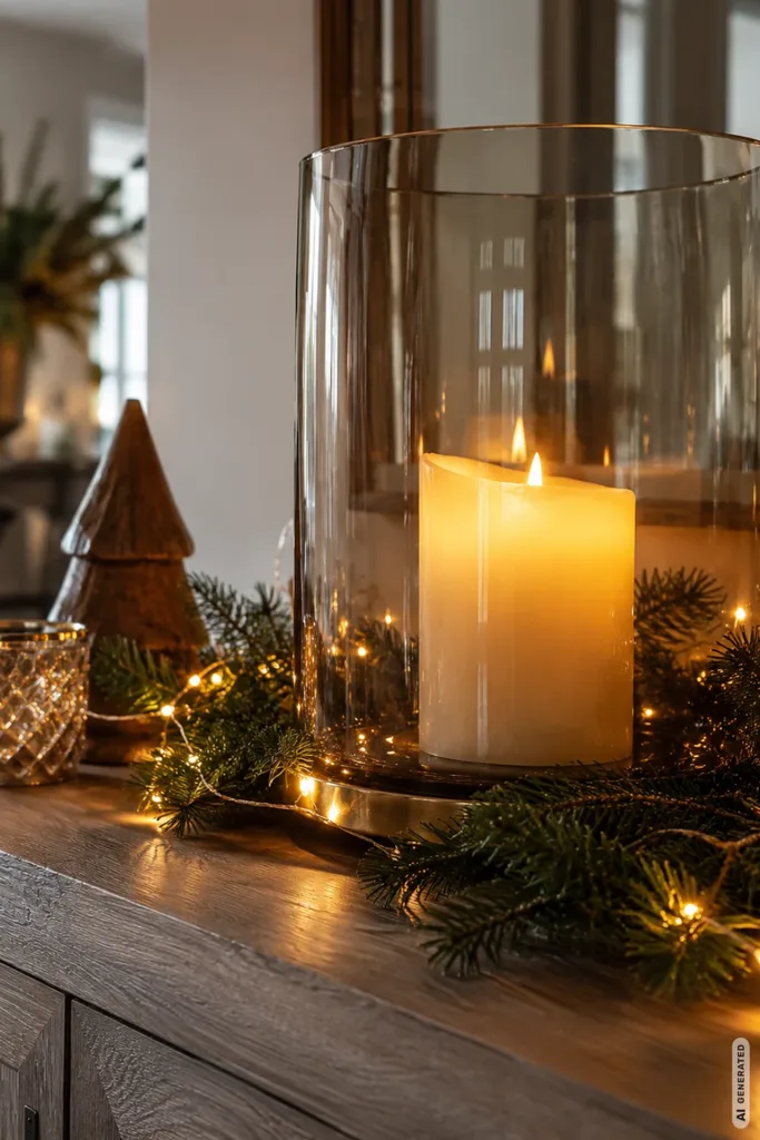 Weihnachtsdeko für die Kommode mit LED-Kerze, Tannengrün und warmweißer Lichterkette.