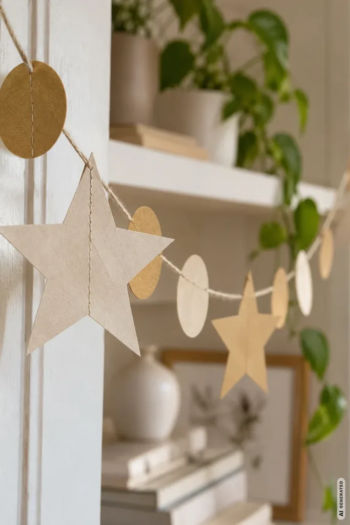 Handgemachte Weihnachtsgirlande aus Papiersternen und Kreisen in Beige und Creme hängt vor einem hellen Regal.