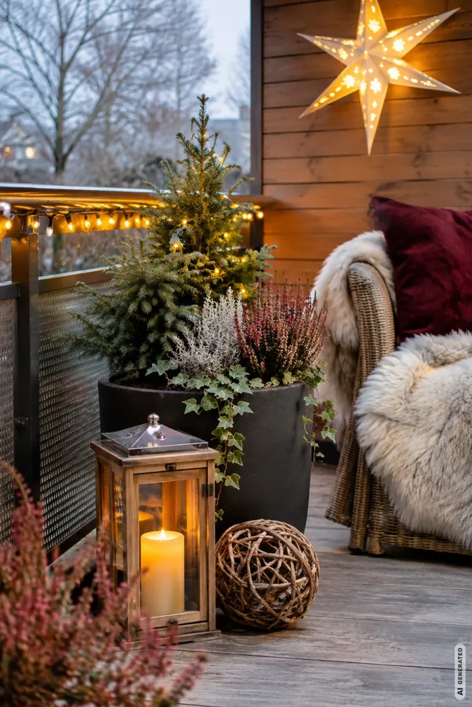Gemütlicher Weihnachtsbalkon mit Korbsessel, heller Felldecke, beleuchtetem Stern und winterlichen Pflanzen.