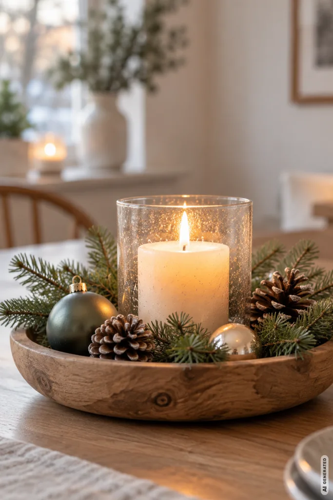 Weihnachtsdeko DIY mit Weihnachtsschale aus Kerze, Tannengrün, Zapfen und Weihnachtskugeln.
