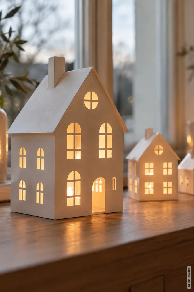 Drei weiße Weihnachtshäuser aus Papier stehen auf einer Holzfensterbank und leuchten durch ihre Fenster.
