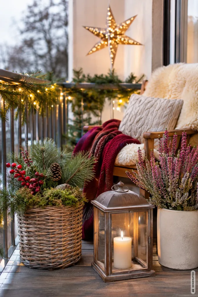 Moderner Weihnachtsbalkon mit großem leuchtendem Stern, gemütlichem Holzsessel, Winterheide und Laterne.