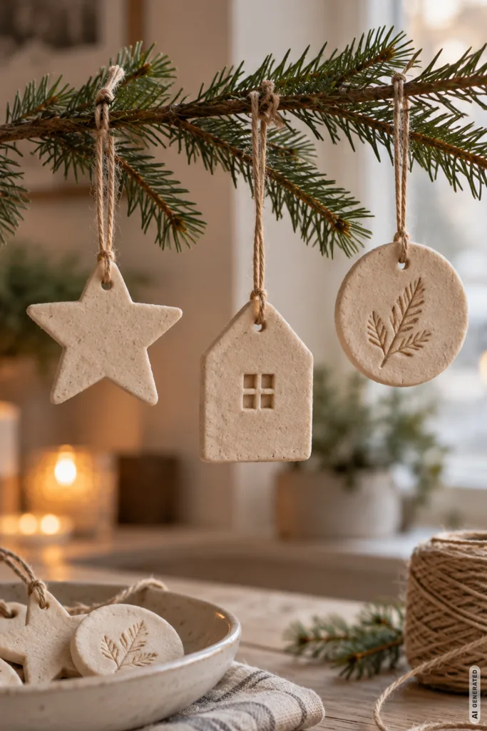 Weihnachtsdeko DIY mit Salzteig-Anhängern in Stern-, Haus- und Kreisform an Tannenzweigen.