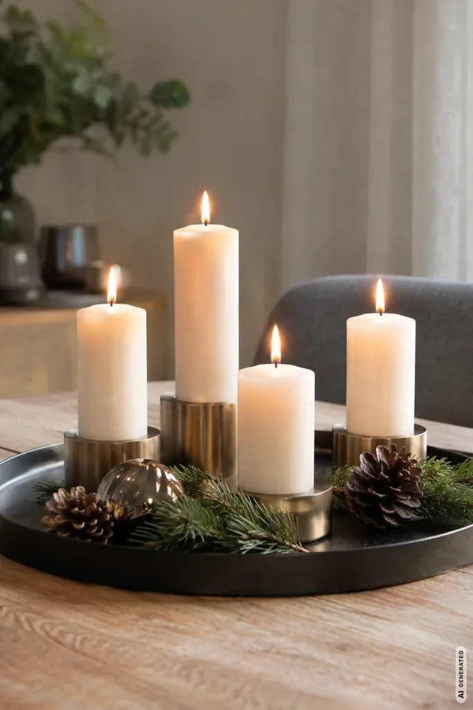 Moderner Adventskranz: 5 Ideen, die du einfach nachmachen kannst Moderner Adventskranz mit vier weißen Kerzen, goldfarbenen Kerzenhaltern und Tannenzweigen auf schwarzem Metalltablett.