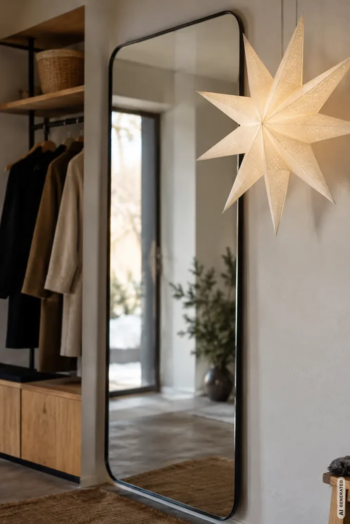 Moderne Weihnachtsdeko für die Garderobe mit cremeweißem Weihnachtsstern neben einem großen Spiegel.