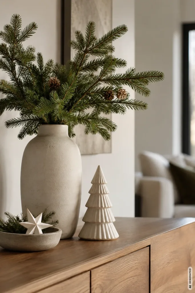 Weihnachtsdeko für die Kommode: 5 moderne Ideen, die Platz im Alltag lassen Moderne Weihnachtsdeko auf einer Holzkommode mit Tannenzweigen in einer Keramikvase, Weihnachtsbaum und Stern.