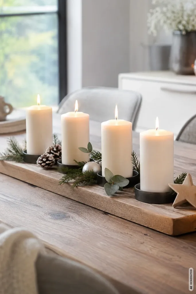 Moderner Adventskranz: 5 Ideen, die du einfach nachmachen kannst Moderner Adventskranz auf einem länglichen Holzbrett mit vier weißen Kerzen, Tannenzweigen und natürlichen Dekoelementen.