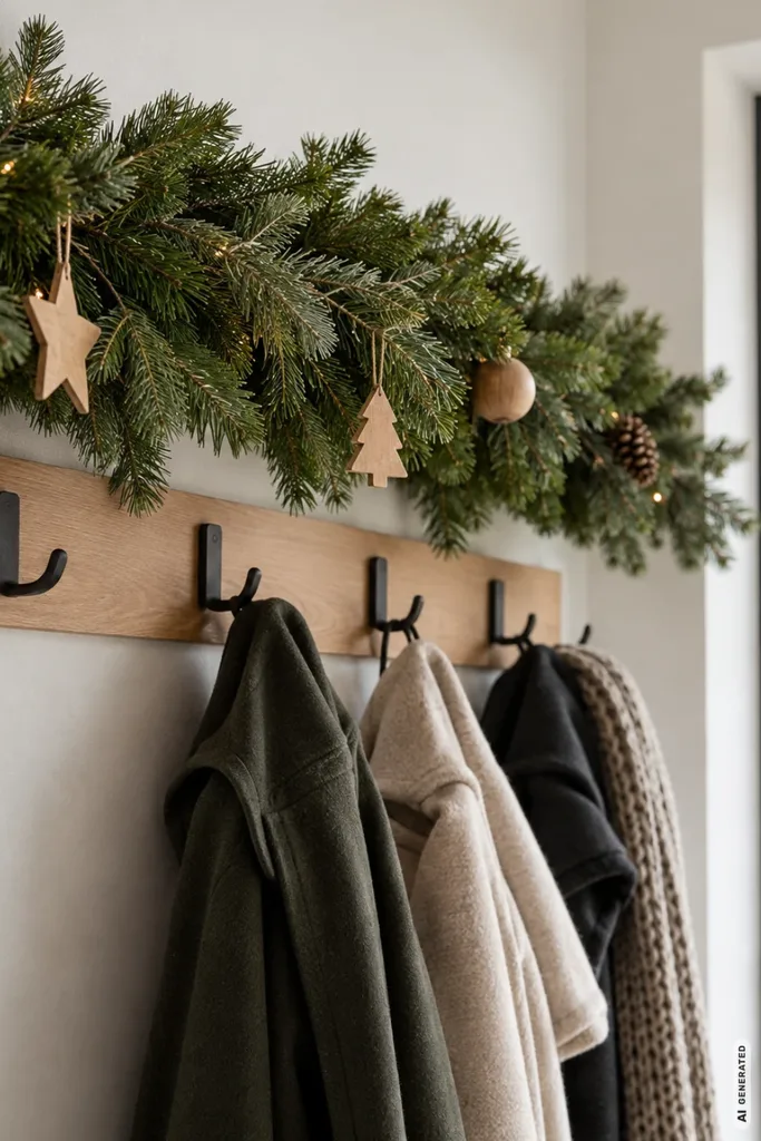 Weihnachtsdeko für die Garderobe mit Tannengirlande, Holzanhängern und schwarzen Garderobenhaken.