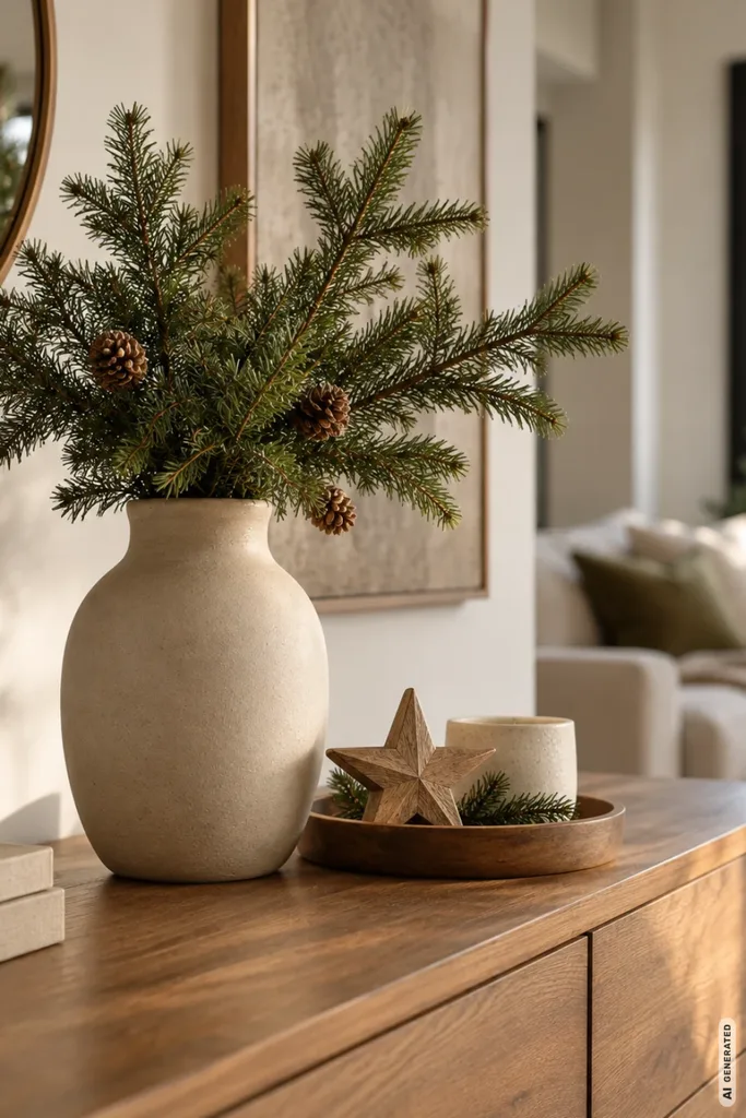 Weihnachtsdeko für die Kommode: 5 moderne Ideen, die Platz im Alltag lassen Moderne Weihnachtsdeko mit Tannenzweigen, Holzstern und Keramikvase auf einer hellen Holzkommode.