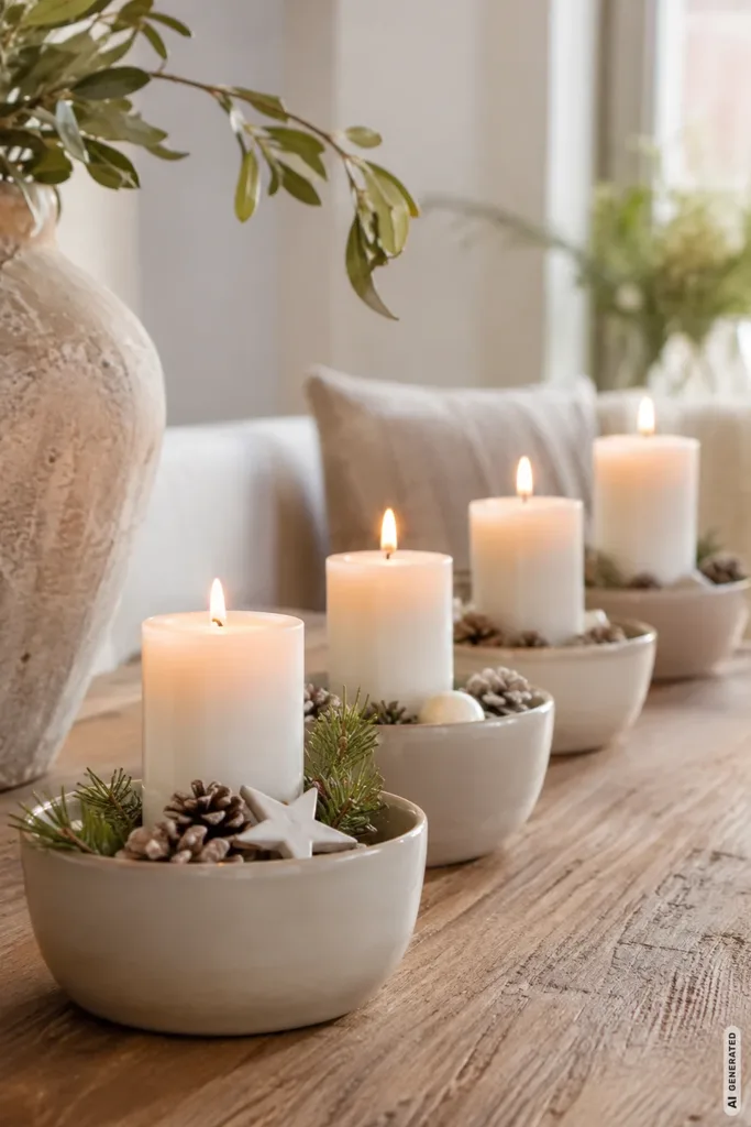 Moderner Adventskranz: 5 Ideen, die du einfach nachmachen kannst Moderner Adventskranz aus vier beigen Keramikschalen mit weißen Kerzen, Tannenzweigen und Zapfen auf einem Holztisch.