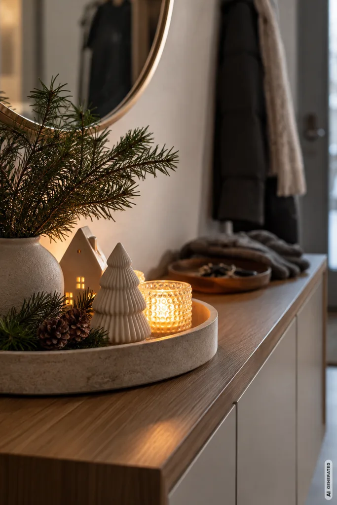 Weihnachtsdeko für die Garderobe mit dekorativem Tablett, Keramikbaum, Tannenzweigen und LED-Licht.