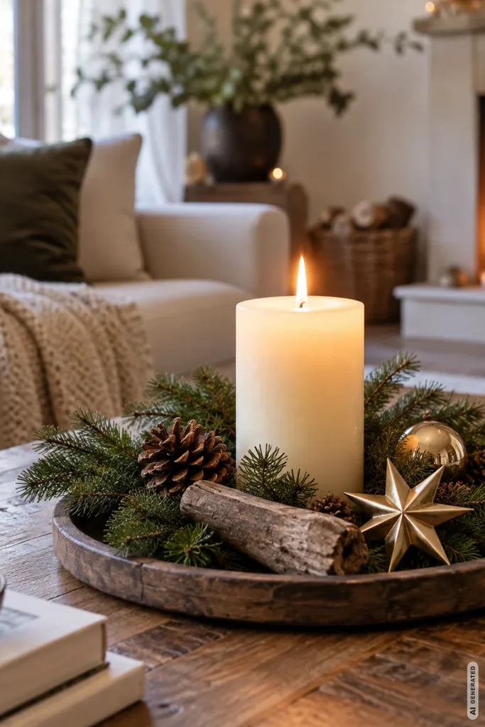 Weihnachtsdeko für den Couchtisch mit Kerze, Tannengrün, Zapfen und Holz in wohnlicher Atmosphäre.