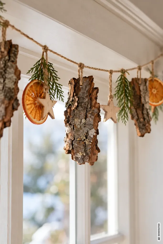Weihnachtsgirlande aus Baumrinde, Juteschnur, Holzsternen, Tannengrün und getrockneten Orangenscheiben am Fenster.