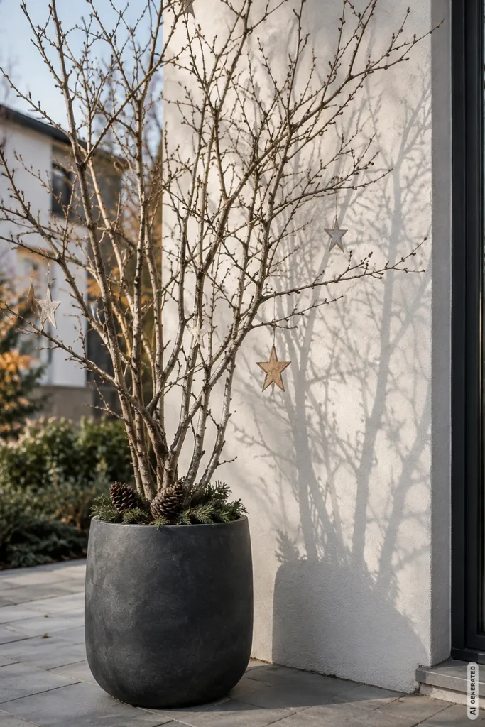 Moderne Weihnachtsdeko für den Vorgarten: 5 Ideen, die du nicht überall siehst Großer Pflanzkübel mit kahlen Zweigen und Weihnachtssternen wirft dekorative Schatten auf eine helle Hauswand.