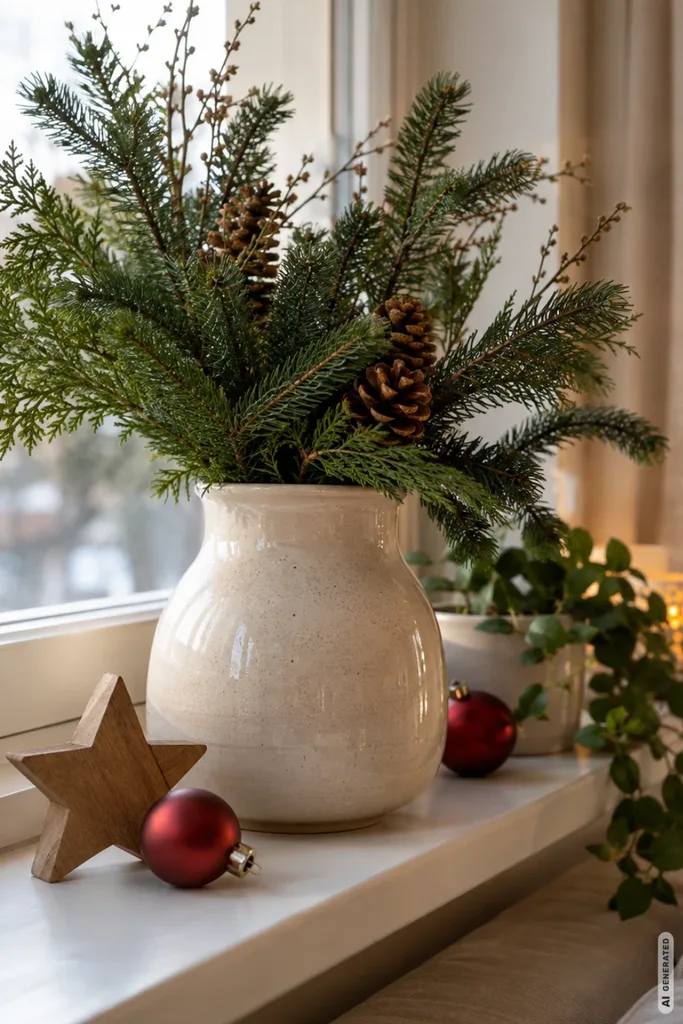 Weihnachtsdeko für die Fensterbank: 5 Ideen, die den Blick nach draußen nicht stören Weihnachtsdeko für die Fensterbank mit Tannengrün, Holzstern und roten Kugeln in ruhiger Farbwelt.