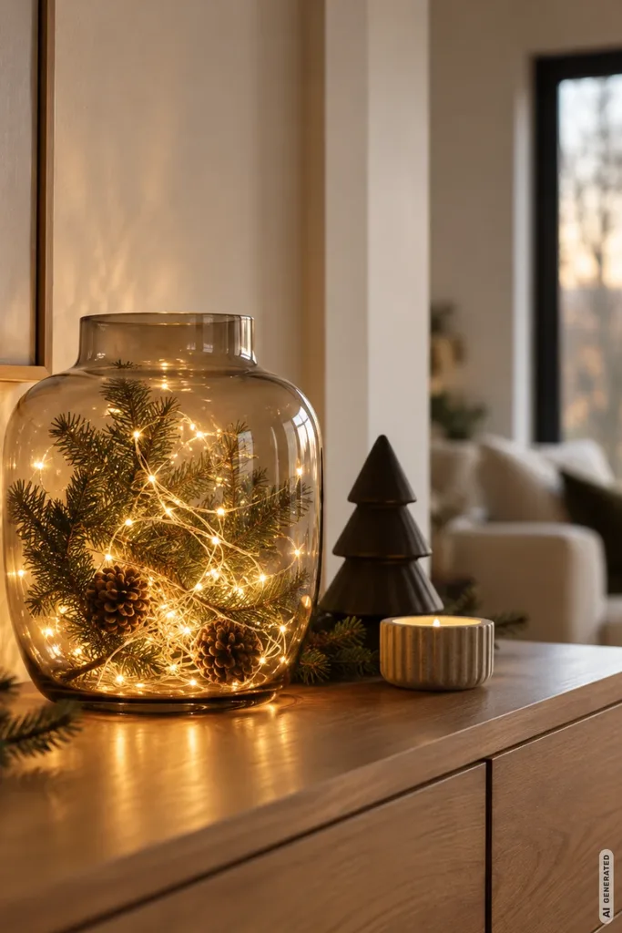 Weihnachtsdeko für die Kommode: 5 moderne Ideen, die Platz im Alltag lassen Glasvase mit warmweißer Lichterkette, Tannenzweigen und Zapfen als moderne Weihnachtsdeko auf einer Holzkommode.