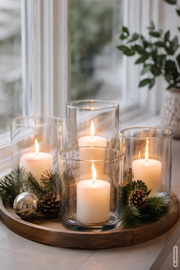 Moderner Adventskranz: 5 Ideen, die du einfach nachmachen kannst Moderner Adventskranz mit vier brennenden Kerzen in Glaszylindern, Tannenzweigen und Zapfen auf einem Holztablett.