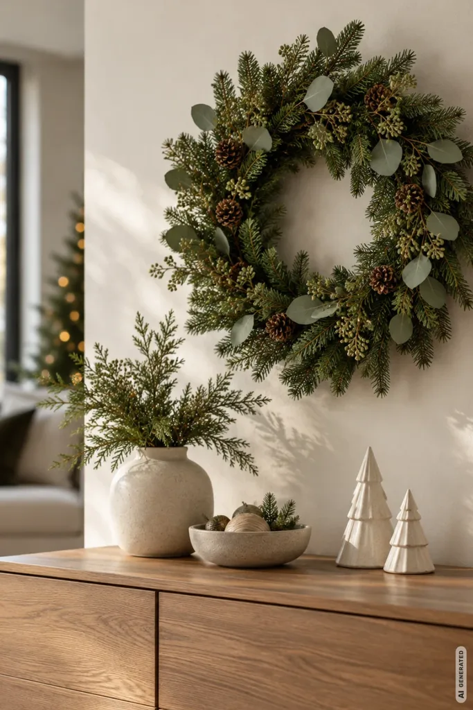 Weihnachtsdeko für die Kommode: 5 moderne Ideen, die Platz im Alltag lassen Moderner Weihnachtskranz aus Tannengrün und Eukalyptus über einer Holzkommode mit Keramikbäumen und Winterdeko.