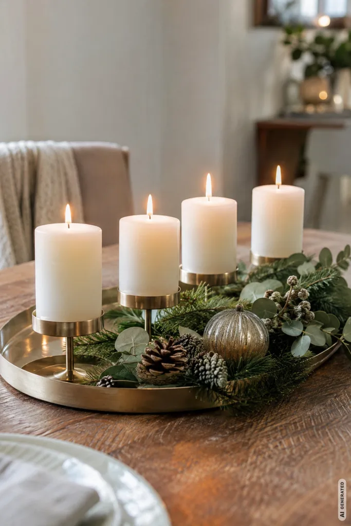 Moderner Adventskranz: 5 Ideen, die du einfach nachmachen kannst Moderner Adventskranz mit vier weißen Kerzen, Tannenzweigen, Eukalyptus und Zapfen auf einem goldenen Tablett.