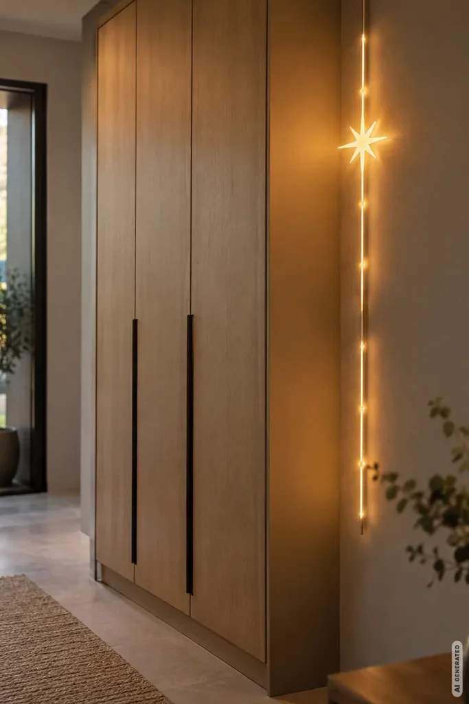 Weihnachtsdeko für die Garderobe mit warmweißer LED-Sternenbeleuchtung neben einem Holzschrank.