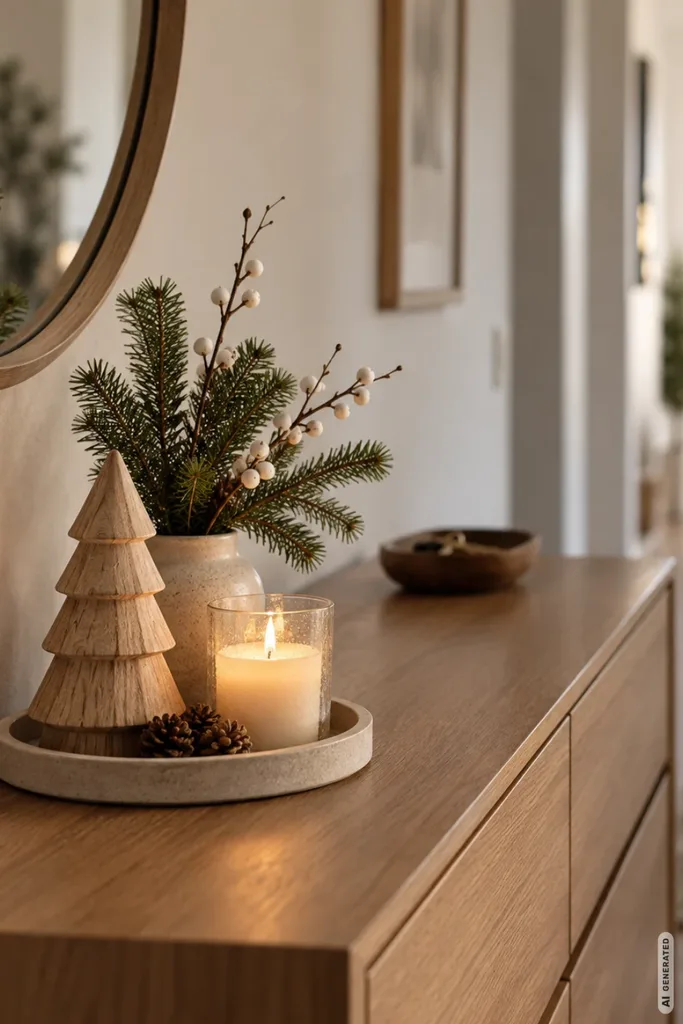 Weihnachtsdeko für die Kommode: 5 moderne Ideen, die Platz im Alltag lassen Schmale Holzkommode im Flur mit modernem Weihnachtstablett, Holzbaum, Kerze und winterlichen Zweigen.