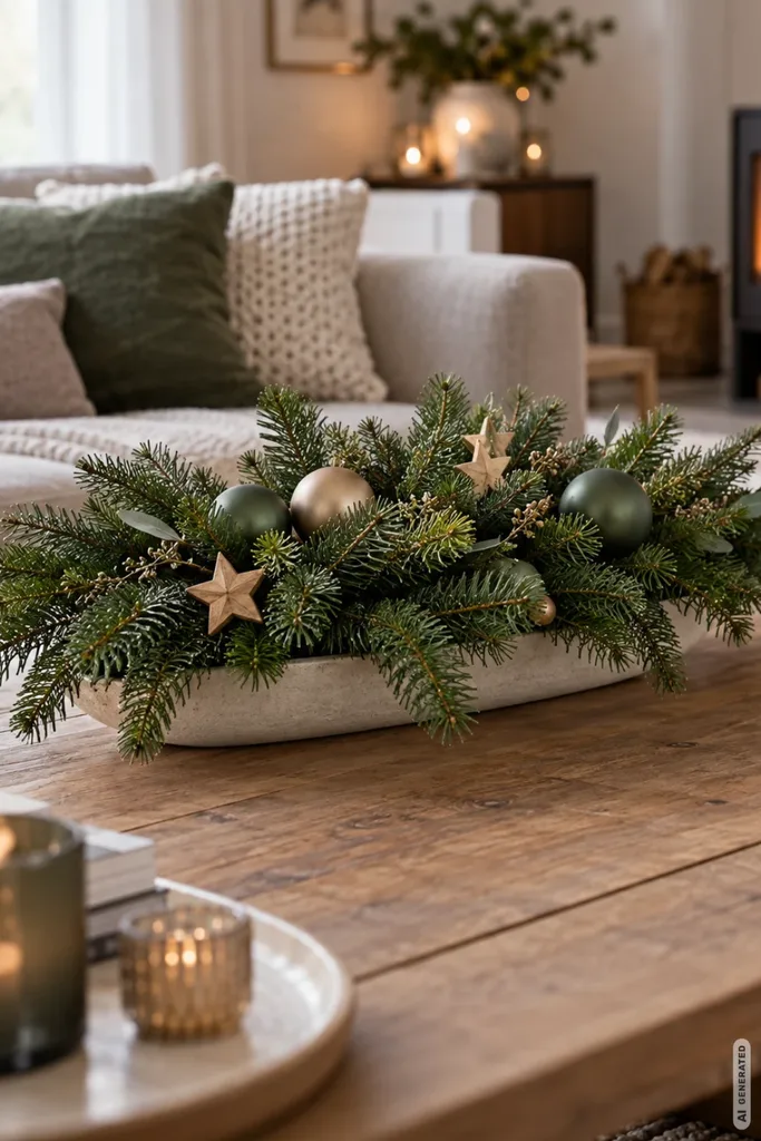 Flache Weihnachtsdeko mit Tannenzweigen, grünen Kugeln und Holzsternen auf einem Couchtisch.