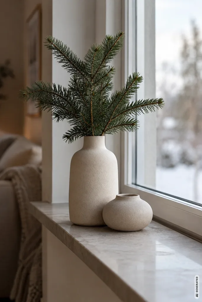 Moderne Weihnachtsdeko für die Fensterbank: 5 Ideen, die wenig Platz brauchen Moderne Weihnachtsdeko auf der Fensterbank mit zwei beigen Keramikvasen und frischen Tannenzweigen.