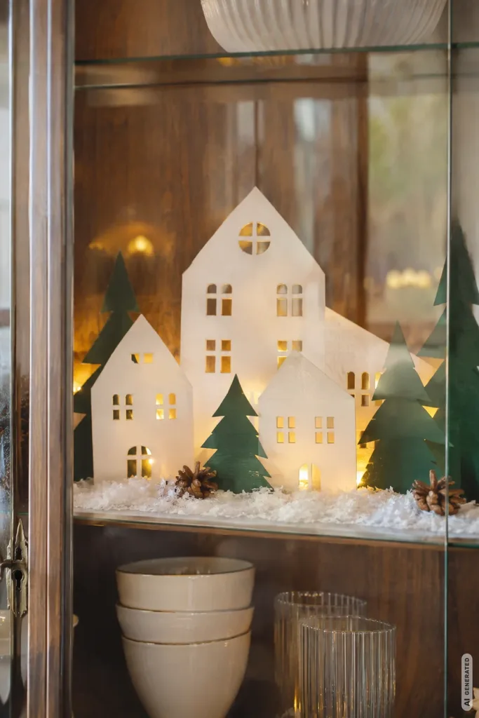 Moderne Weihnachtsdeko für die Vitrine: 5 Ideen, die alles andere als gewöhnlich sind Moderne Weihnachtsdeko in einer Glasvitrine mit beleuchteten Papierhäusern, grünen Tannen und künstlichem Schnee.