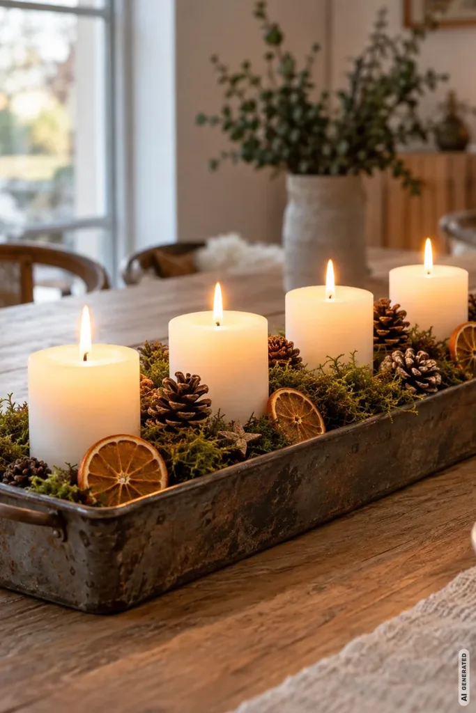 Ungewöhnlicher Adventskranz in einer alten Backform mit vier Kerzen, Moos, Tannenzapfen und Orangenscheiben.